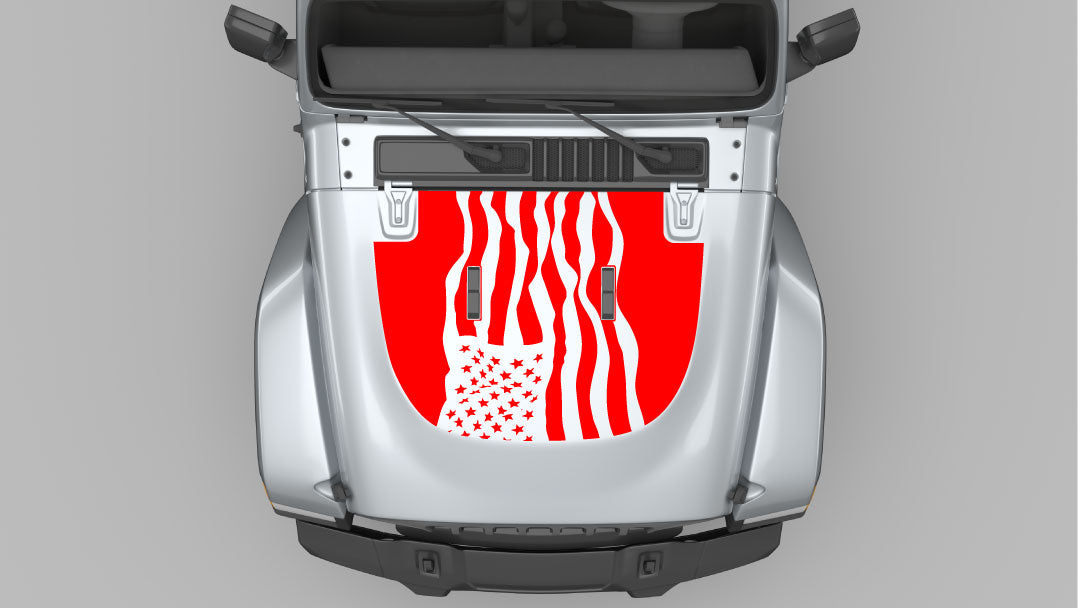 Red Dynamic American Flag Hood Decal on Gray Jeep Wrangler JL