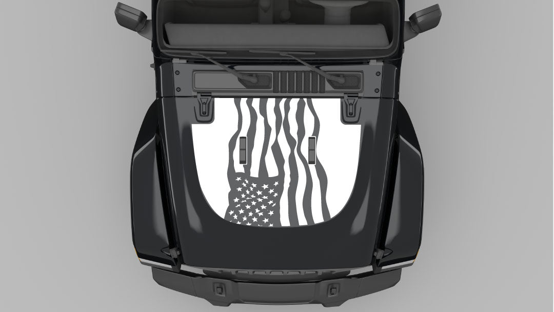 White Dynamic American Flag Hood Decal on Black Jeep Wrangler JL