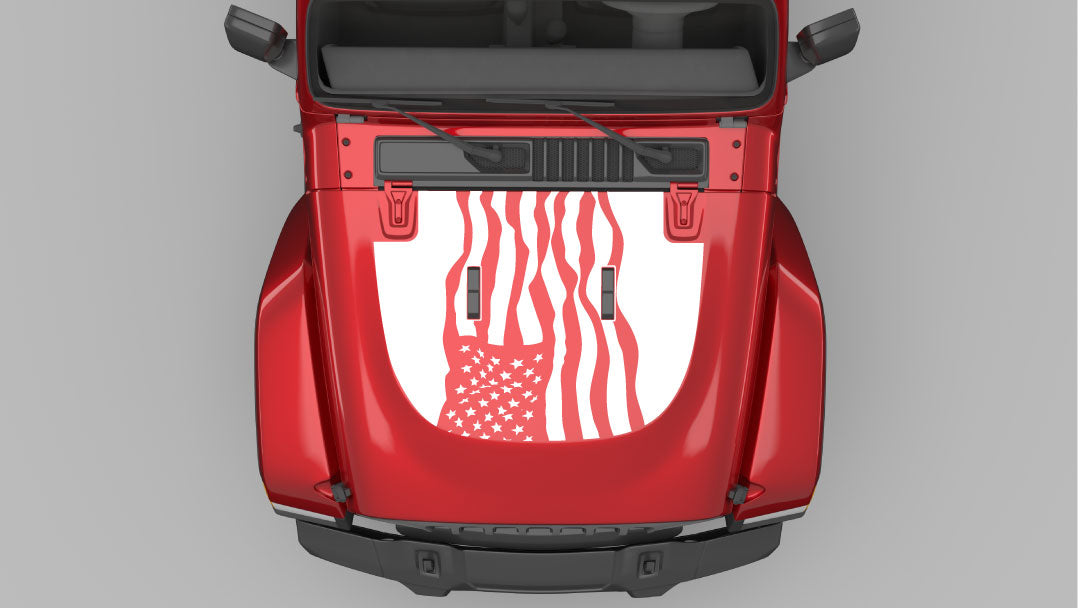 White Dynamic American Flag Hood Decal on Red Jeep Wrangler JL