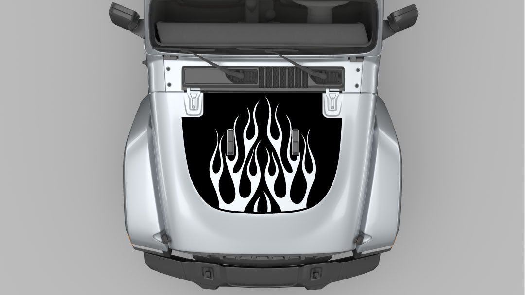 Black Flame Hood Decal on Gray Jeep Wrangler JL