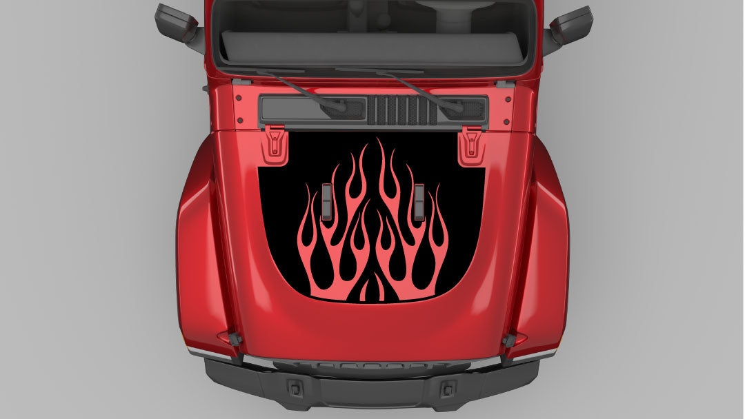 Black Flame Hood Decal on Red Jeep Wrangler JL