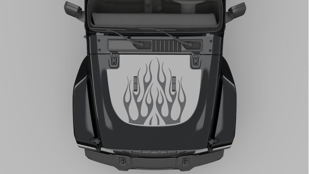 Gray Flame Hood Decal on Black Jeep Wrangler JL