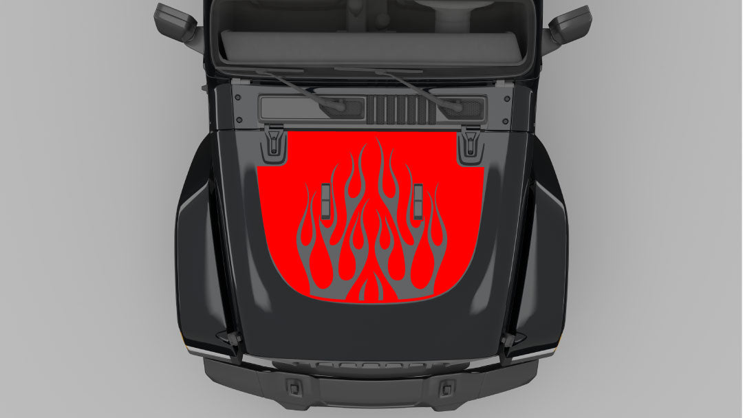Red Flame Hood Decal on Black Jeep Wrangler JL