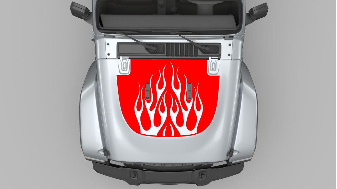 Red Flame Hood Decal on Gray Jeep Wrangler JL