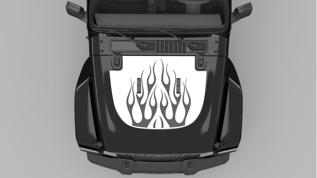 White Flame Hood Decal on Black Jeep Wrangler JL