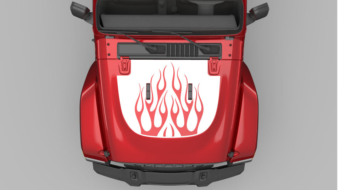 White Flame Hood Decal on Red Jeep Wrangler JL