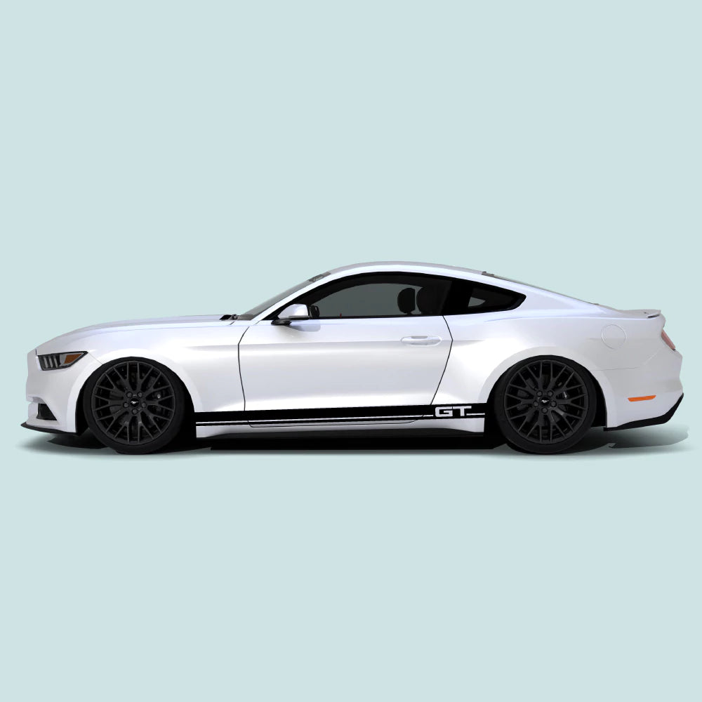 2015-2023 Ford Mustang with black GT pinstripe rocker panel side stripes vinyl decals installed