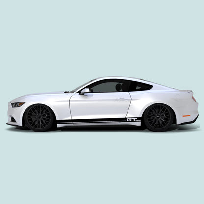 2015-2023 Ford Mustang with black GT pinstripe rocker panel side stripes vinyl decals installed