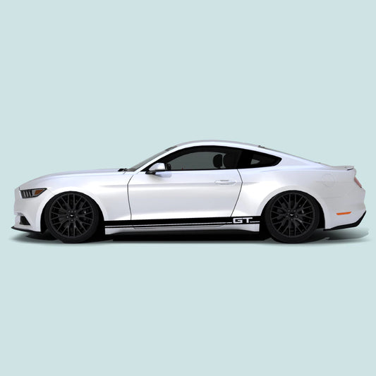 2015-2023 Ford Mustang with black GT pinstripe rocker panel side stripes vinyl decals installed