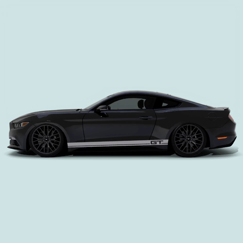 2015-2023 Ford Mustang with grey GT pinstripe rocker panel side stripes vinyl decals installed
