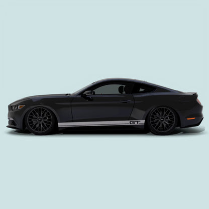 2015-2023 Ford Mustang with grey GT pinstripe rocker panel side stripes vinyl decals installed