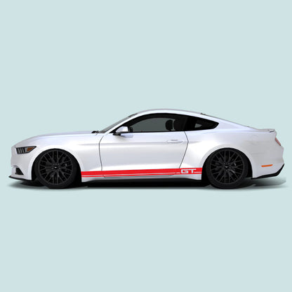 2015-2023 Ford Mustang with red GT pinstripe rocker panel side stripes vinyl decals installed