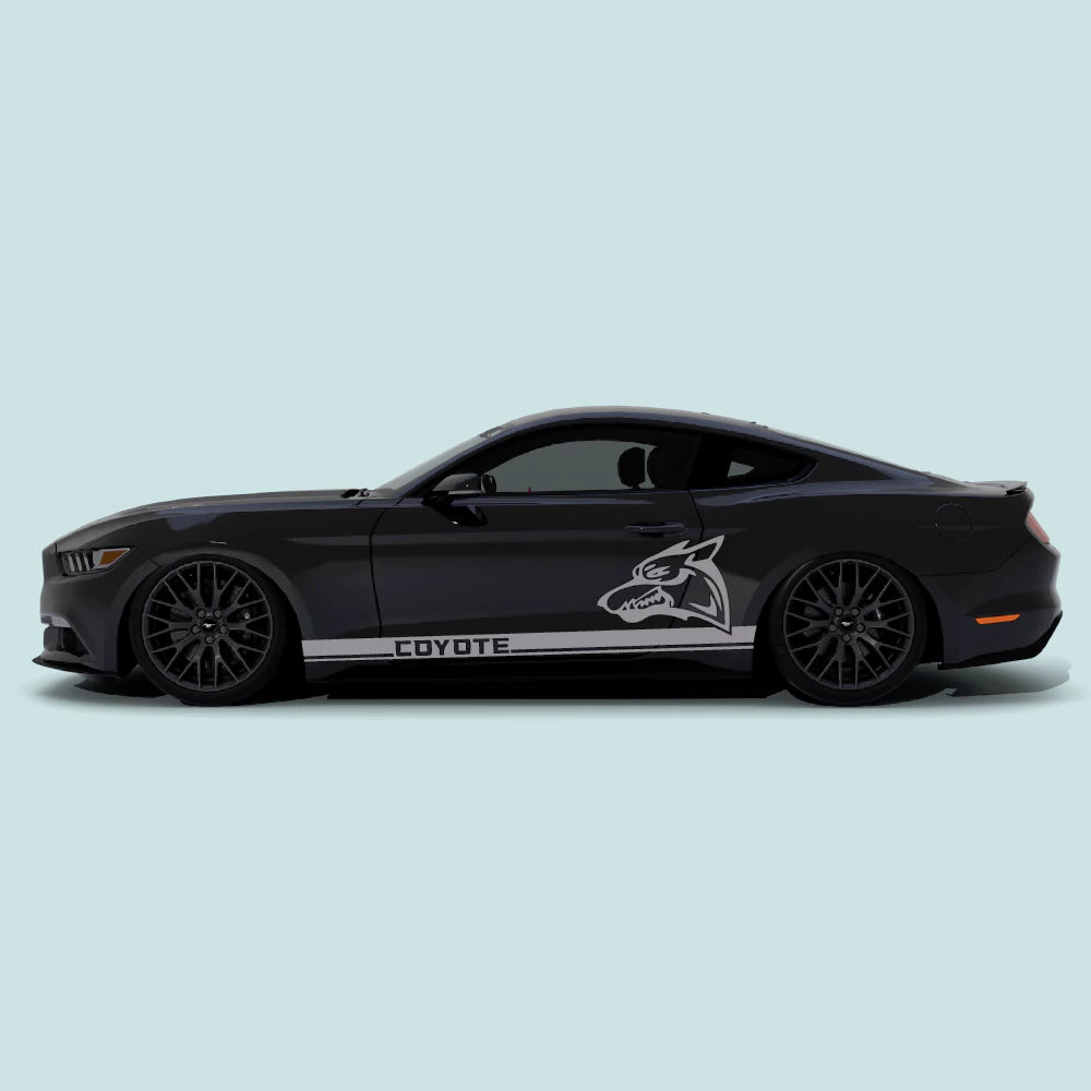 2015-2023 Ford Mustang with grey Mustang Coyote Rocker Side Stripes rocker panel vinyl decals