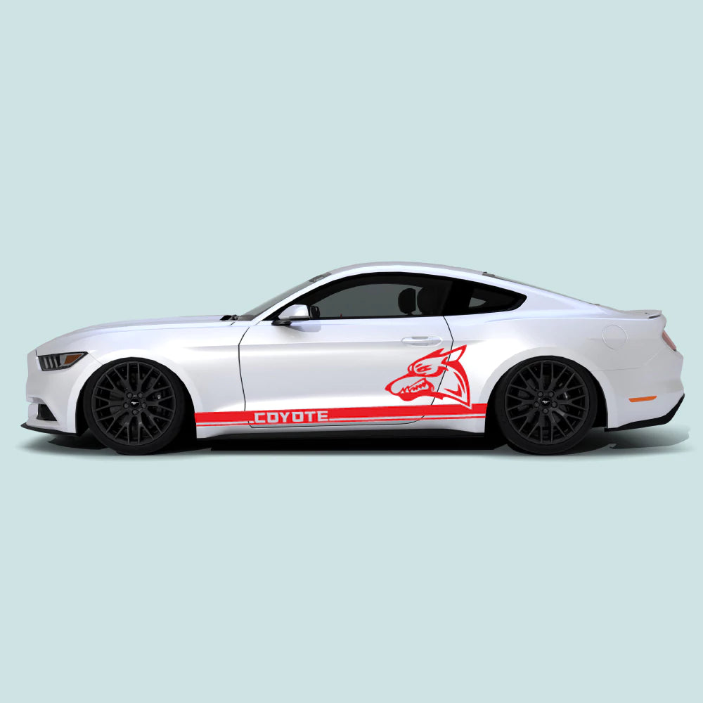 2015-2023 Ford Mustang with red Mustang Coyote Rocker Side Stripes rocker panel vinyl decals