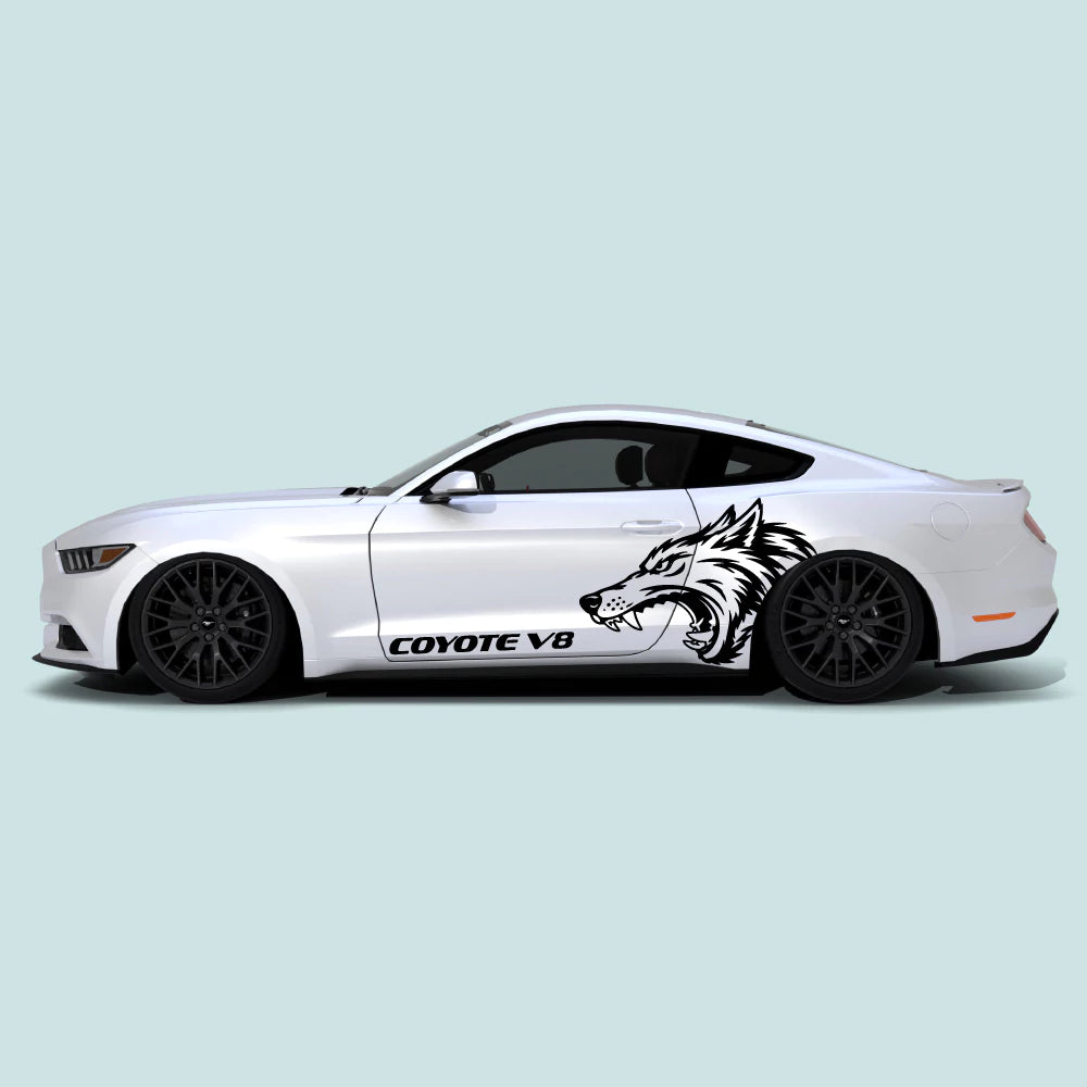 Ford Mustang side profile with black Coyote V8 wolf side decals on the doors and rear quarter panel.