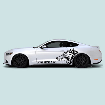 Ford Mustang side profile with black Coyote V8 wolf side decals on the doors and rear quarter panel.