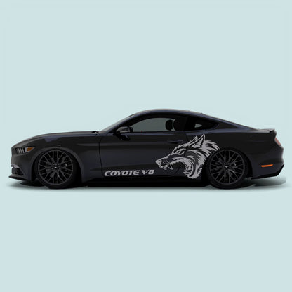 Ford Mustang side profile with grey Coyote V8 wolf side decals on the doors and rear quarter panel.