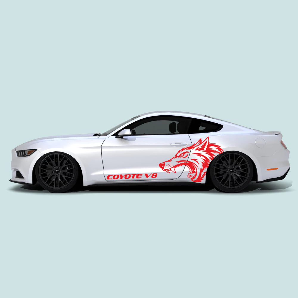Ford Mustang side profile with red Coyote V8 wolf side decals on the doors and rear quarter panel.