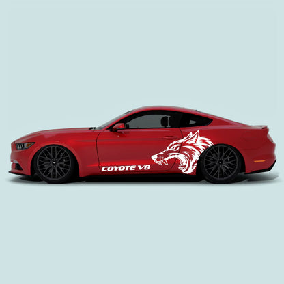 Ford Mustang side profile with white Coyote V8 wolf side decals on the doors and rear quarter panel.