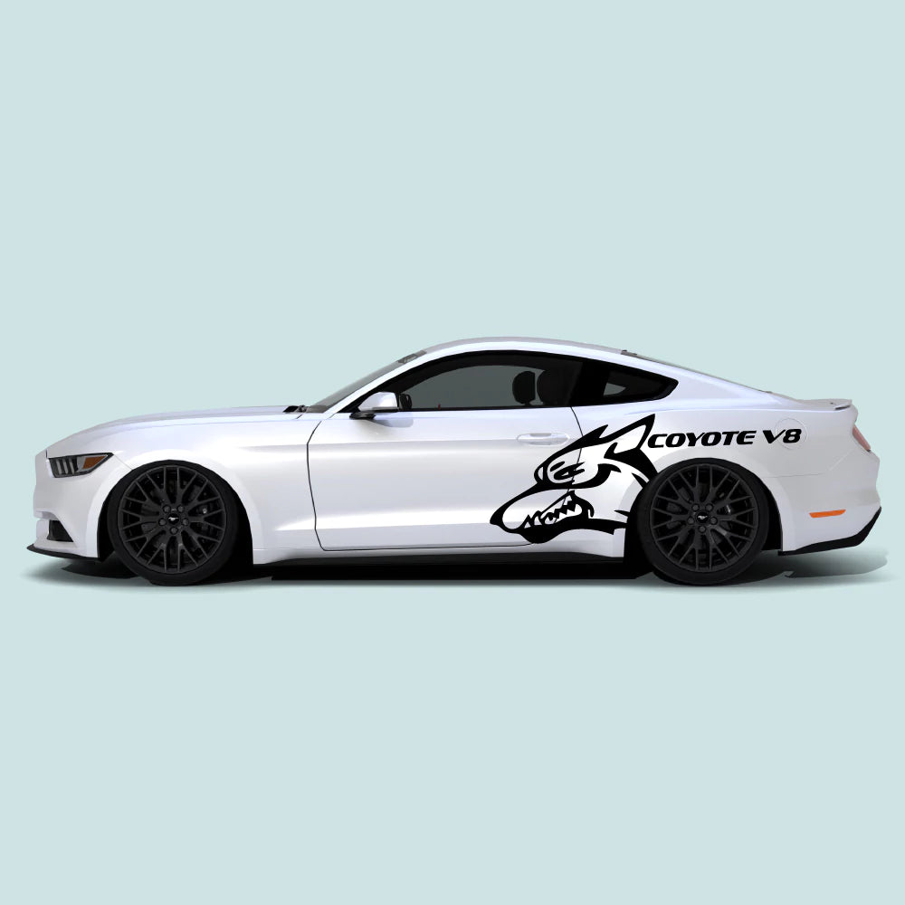 Ford Mustang 2015-2023 with black Mustang Coyote V8 XL side decals on the doors and rear quarter panels.