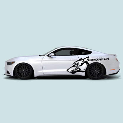 Ford Mustang 2015-2023 with black Mustang Coyote V8 XL side decals on the doors and rear quarter panels.
