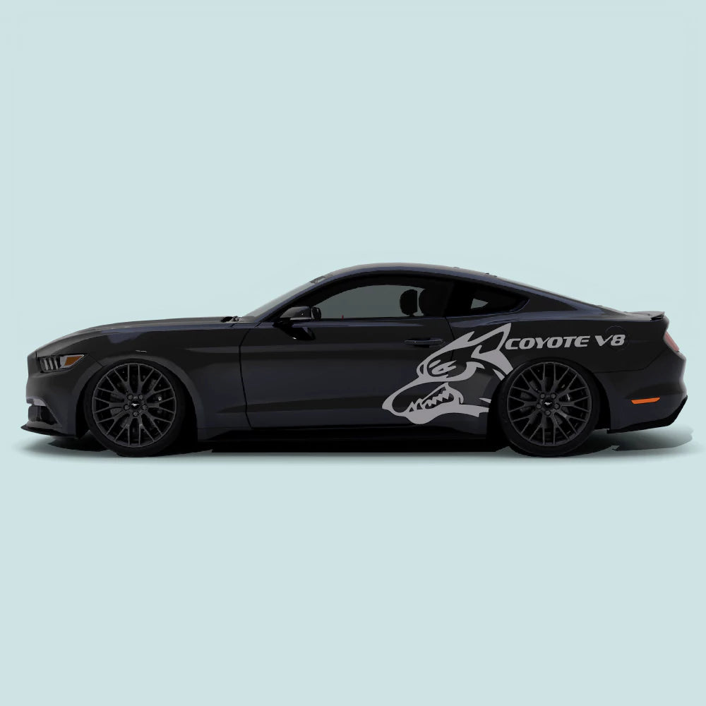 Ford Mustang 2015-2023 with grey Mustang Coyote V8 XL side decals on the doors and rear quarter panels.