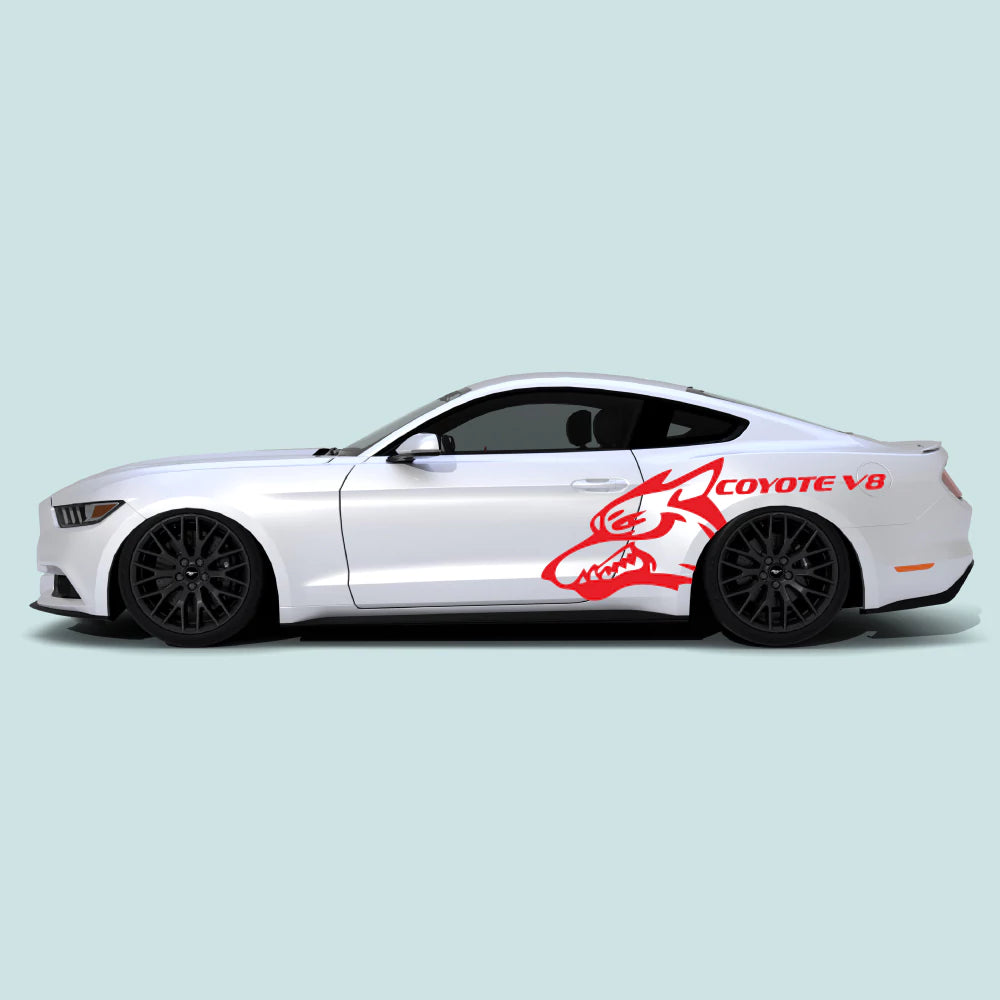 Ford Mustang 2015-2023 with red Mustang Coyote V8 XL side decals on the doors and rear quarter panels.