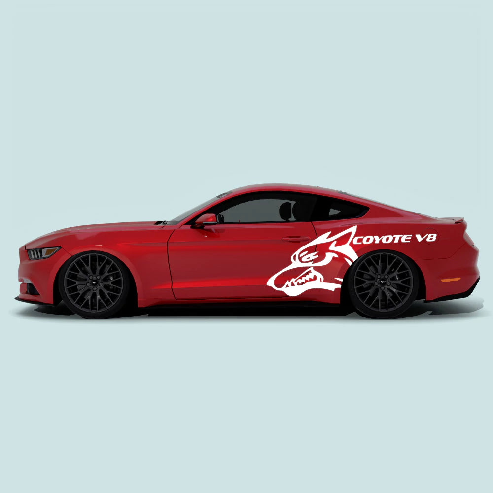 Ford Mustang 2015-2023 with white Mustang Coyote V8 XL side decals on the doors and rear quarter panels.