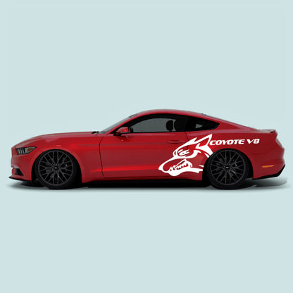 Ford Mustang 2015-2023 with white Mustang Coyote V8 XL side decals on the doors and rear quarter panels.