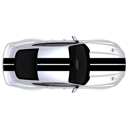 2015-2023 Ford Mustang full body dual racing stripes decal kit in black, shown across bumper, hood, roof, and trunk.