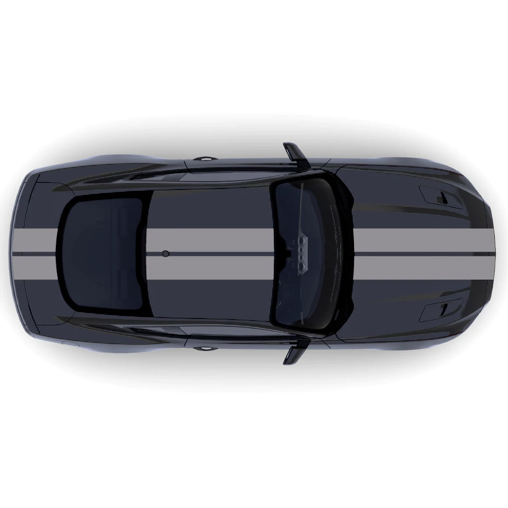 2015-2023 Ford Mustang full body dual racing stripes decal kit in grey, shown across bumper, hood, roof, and trunk.