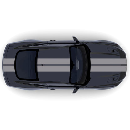 2015-2023 Ford Mustang full body dual racing stripes decal kit in grey, shown across bumper, hood, roof, and trunk.