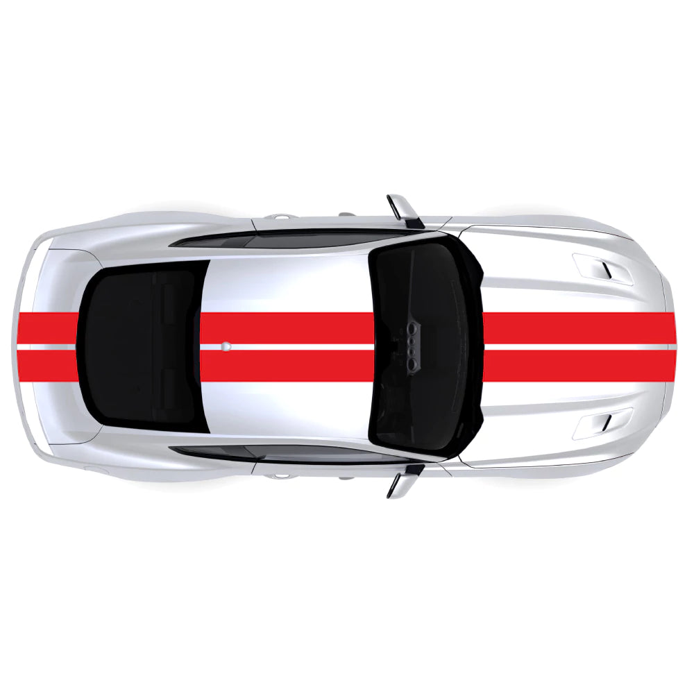 2015-2023 Ford Mustang full body dual racing stripes decal kit in red, shown across bumper, hood, roof, and trunk.