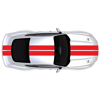 2015-2023 Ford Mustang full body dual racing stripes decal kit in red, shown across bumper, hood, roof, and trunk.