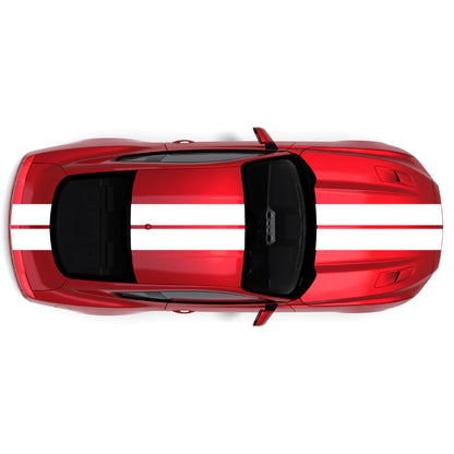 2015-2023 Ford Mustang full body dual racing stripes decal kit in white, shown across bumper, hood, roof, and trunk.