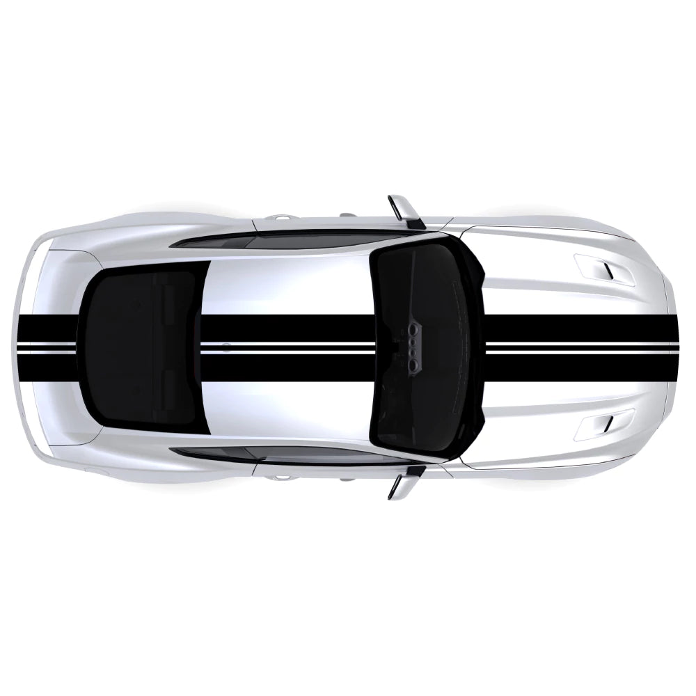 2015-2023 Ford Mustang with black full body racing stripes decal kit across front bumper, hood, roof, trunk, and back bumper.