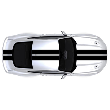 2015-2023 Ford Mustang with black full body racing stripes decal kit across front bumper, hood, roof, trunk, and back bumper.