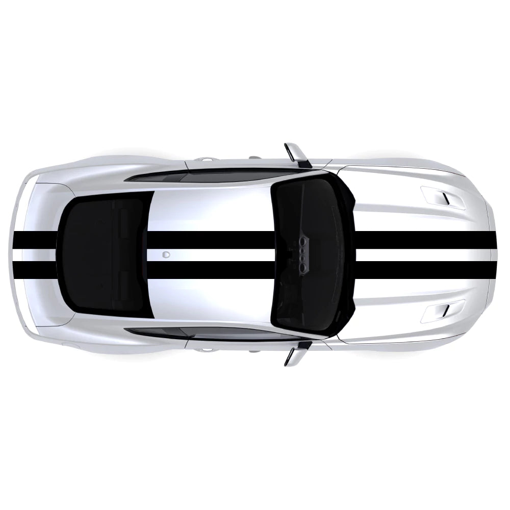 2015-2023 Ford Mustang with black full body twin racing stripe decals across front bumper, hood, roof, trunk, and rear bumper.