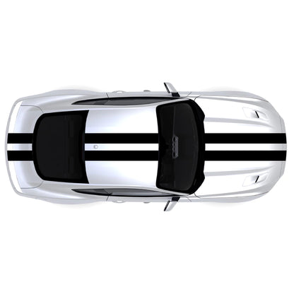 2015-2023 Ford Mustang with black full body twin racing stripe decals across front bumper, hood, roof, trunk, and rear bumper.