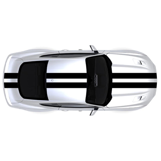 2015-2023 Ford Mustang with black full body twin racing stripe decals across front bumper, hood, roof, trunk, and rear bumper.