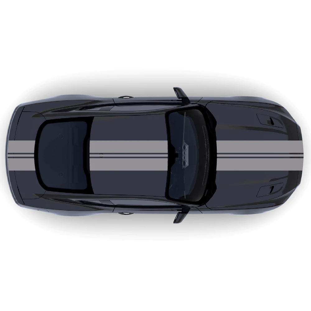 2015-2023 Ford Mustang with grey full body racing stripes decal kit across front bumper, hood, roof, trunk, and back bumper.