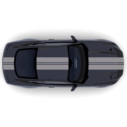 2015-2023 Ford Mustang with grey full body racing stripes decal kit across front bumper, hood, roof, trunk, and back bumper.