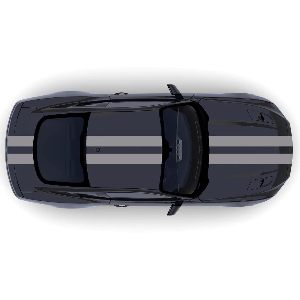 2015-2023 Ford Mustang with grey full body twin racing stripe decals across front bumper, hood, roof, trunk, and rear bumper.