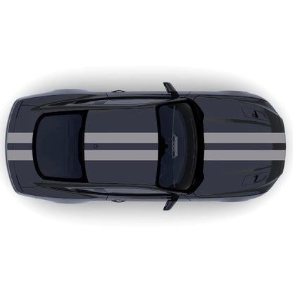 2015-2023 Ford Mustang with grey full body twin racing stripe decals across front bumper, hood, roof, trunk, and rear bumper.
