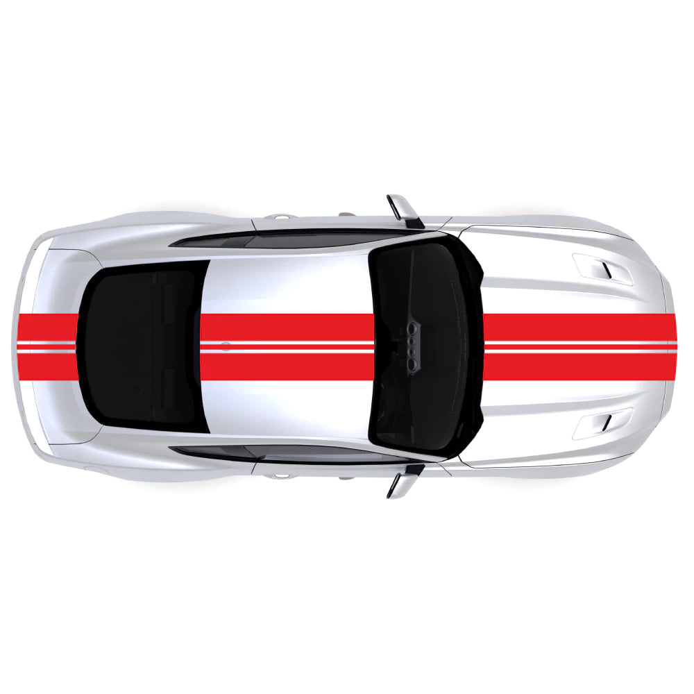 2015-2023 Ford Mustang with red full body racing stripes decal kit across front bumper, hood, roof, trunk, and back bumper.