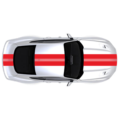 2015-2023 Ford Mustang with red full body racing stripes decal kit across front bumper, hood, roof, trunk, and back bumper.