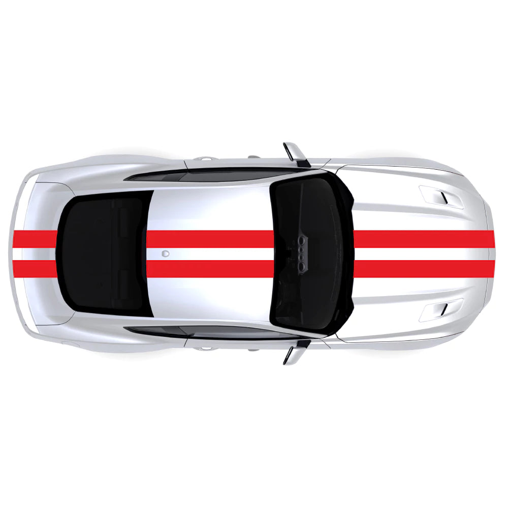 2015-2023 Ford Mustang with red full body twin racing stripe decals across front bumper, hood, roof, trunk, and rear bumper.