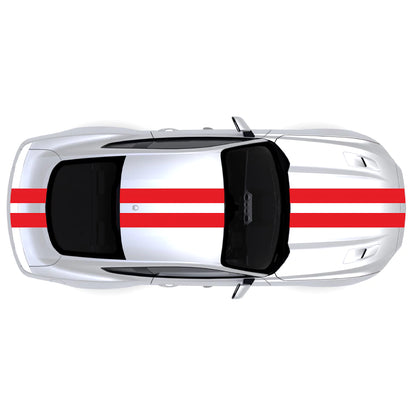 2015-2023 Ford Mustang with red full body twin racing stripe decals across front bumper, hood, roof, trunk, and rear bumper.