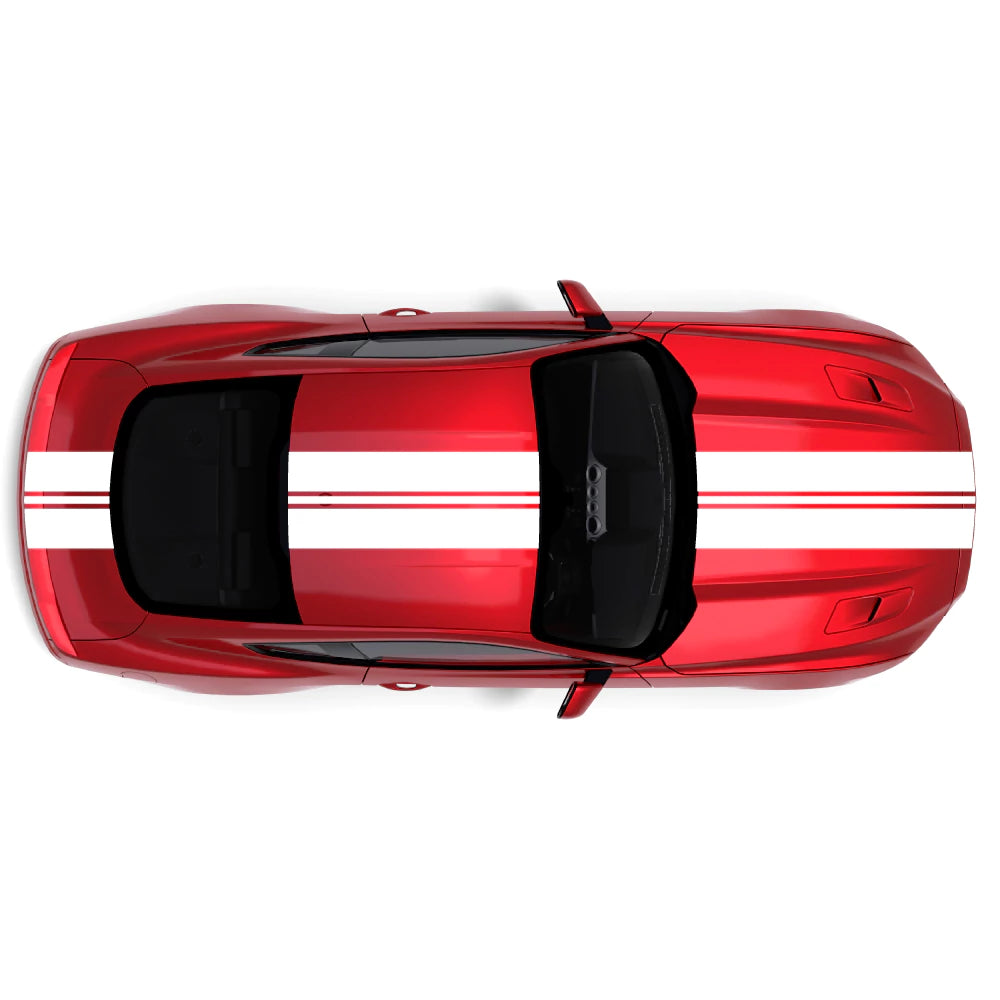 2015-2023 Ford Mustang with white full body racing stripes decal kit across front bumper, hood, roof, trunk, and back bumper.
