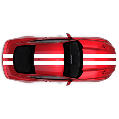 2015-2023 Ford Mustang with white full body twin racing stripe decals across front bumper, hood, roof, trunk, and rear bumper.